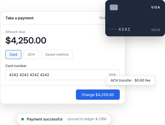 Payment form with card, ACH, and saved payment options.